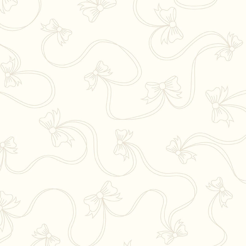 Light cream background with a repeated pattern of delicate bows and flowing ribbons.