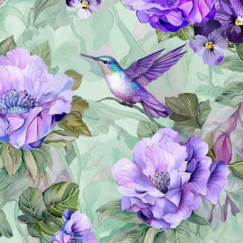 A colorful illustration featuring a hummingbird amidst purple flowers and green leaves.