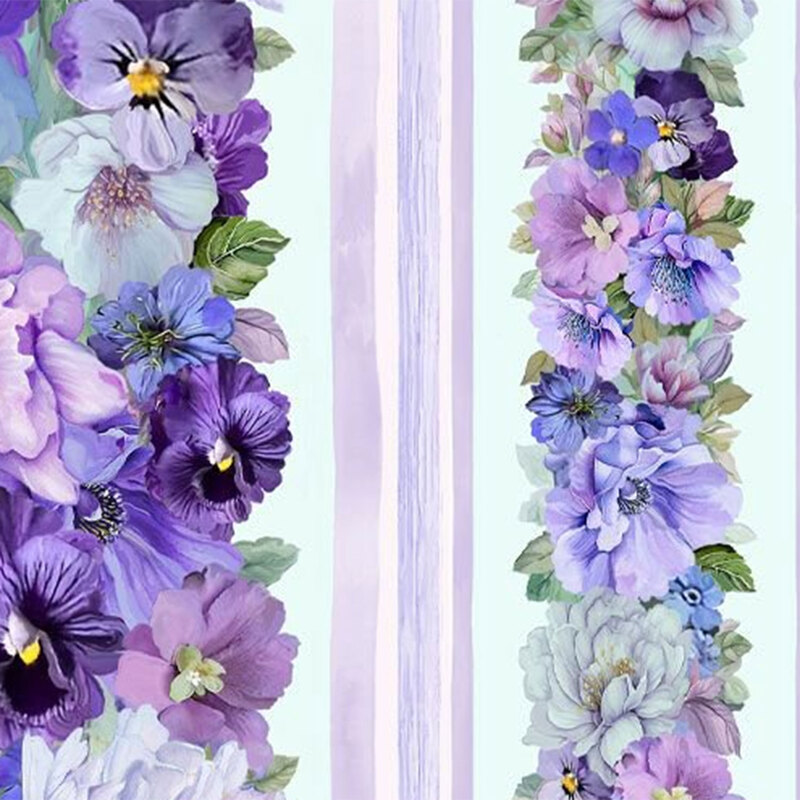 Vertical arrangement of colorful violets and pansies in shades of purple against a light background.