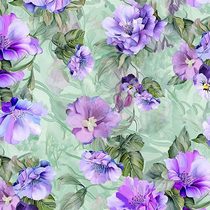 A vibrant pattern of purple flowers against a soft green background.