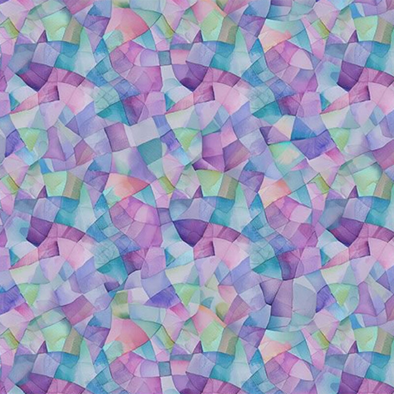 Abstract pattern of interconnected shapes in pastel colors, including purple, blue, green, and pink.