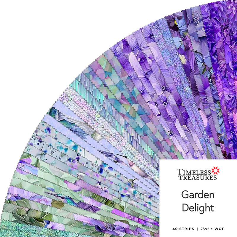 Fanned fabric strips in various shades of purple and green, labeled Garden Delight by Timeless Treasures.