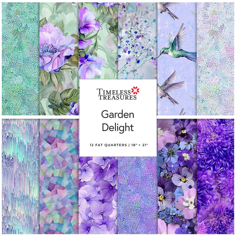 Colorful fabric collection titled Garden Delight featuring floral and geometric patterns in purple hues.