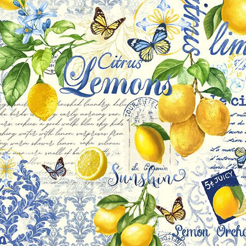 A decorative pattern featuring lemons, butterflies, and floral designs in blue and yellow tones.