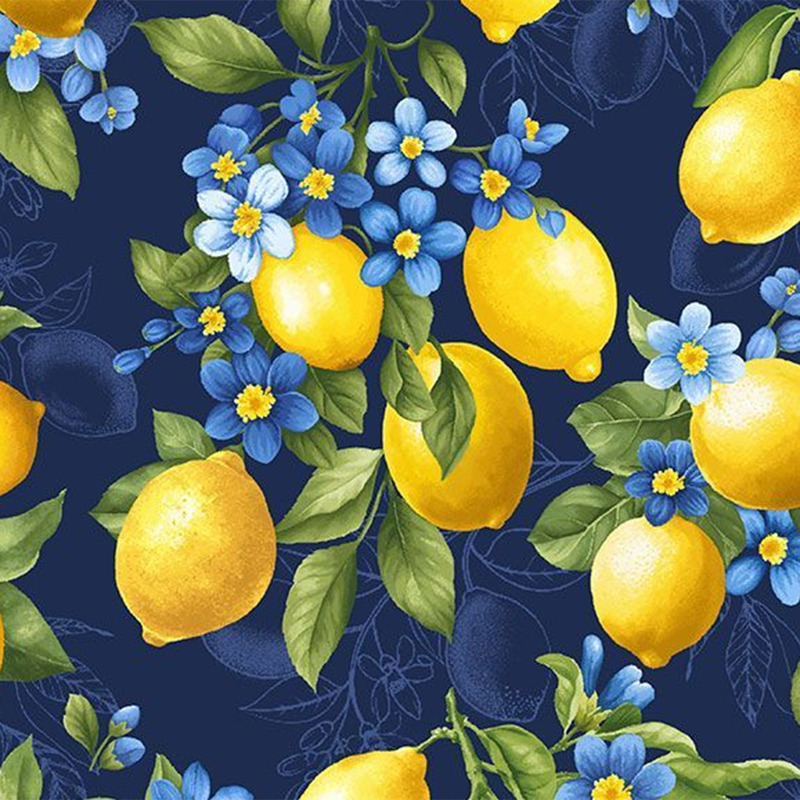 Seamless pattern of bright yellow lemons and blue flowers on a dark navy background.