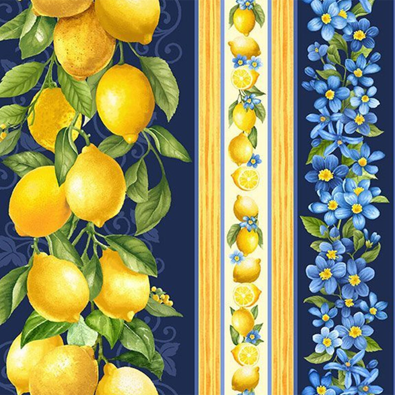 A patterned design featuring bright yellow lemons and blue flowers on a dark background.