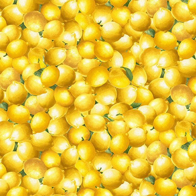 A dense pattern of yellow lemons with green leaves, creating a vibrant, textured background.