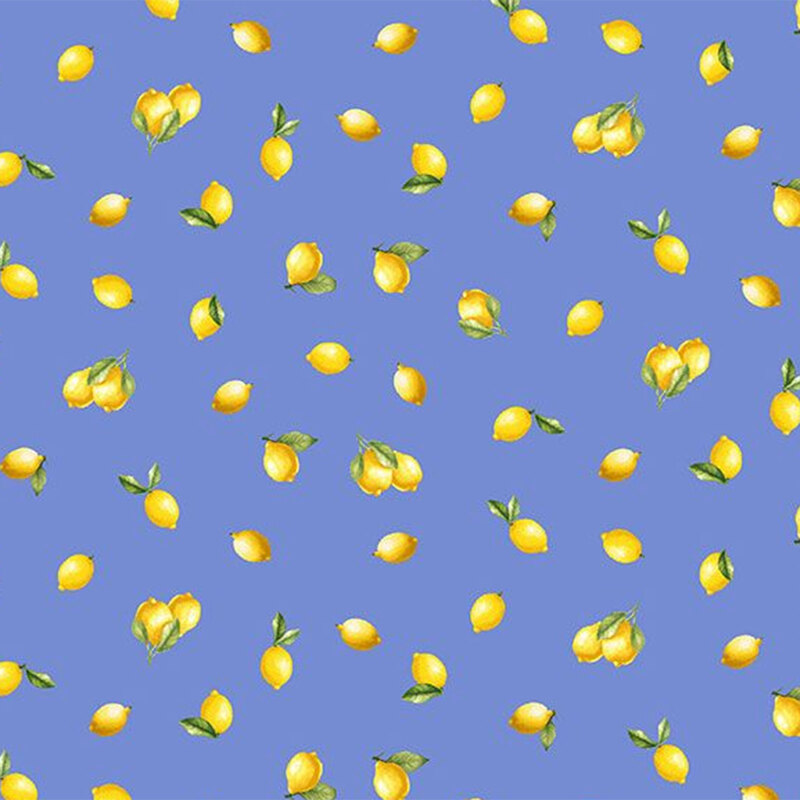 A repeated pattern of yellow lemons on a light blue background.