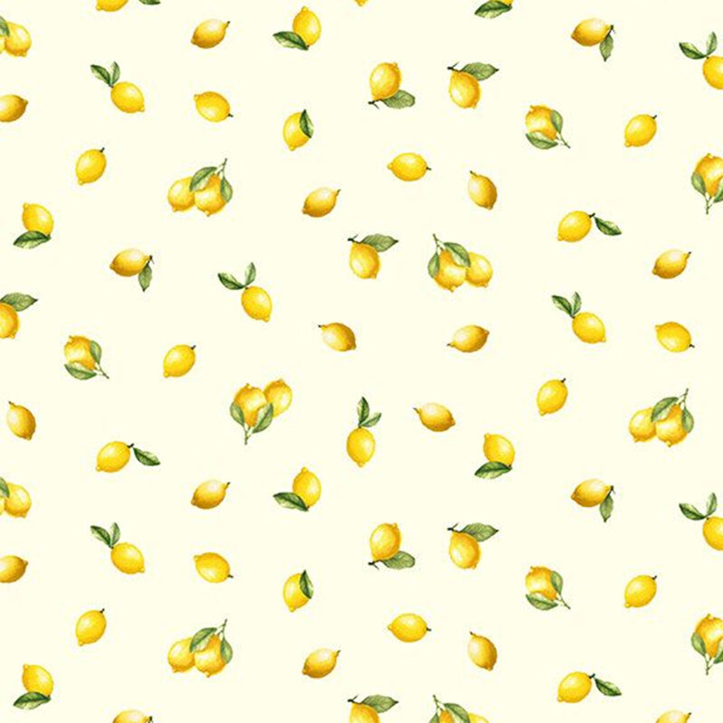 Pattern of small yellow lemons with green leaves on a light yellow background.