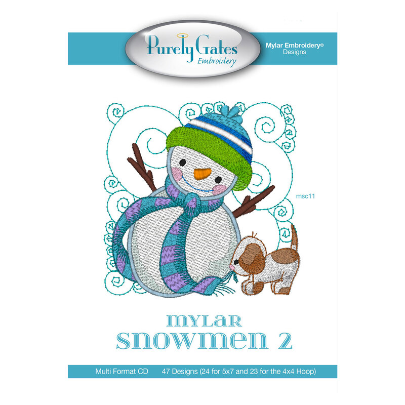 Front of Mylar Snowmen 2 pattern featuring an embroidered snowman and puppy dog on a swirly background.