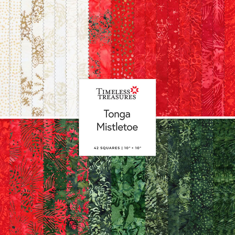 A stacked collage of green, red, and white batik fabrics with a Timeless Treasures Tonga Mistletoe card in the center