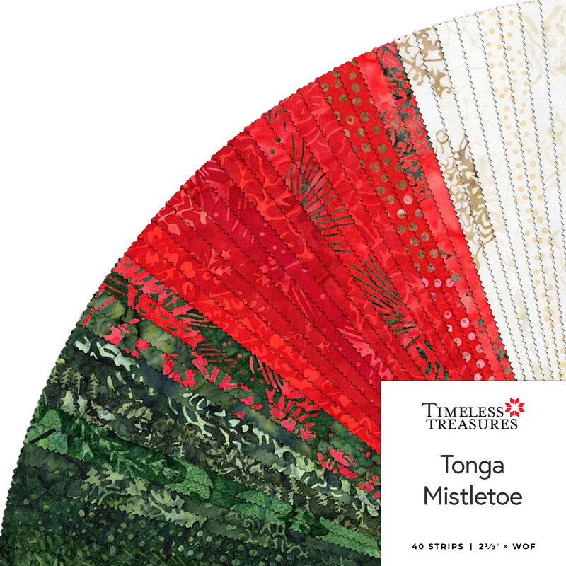 A fanned collage of green, red, and white batik fabrics with a Timeless Treasures Tonga Mistletoe card in the bottom right corner