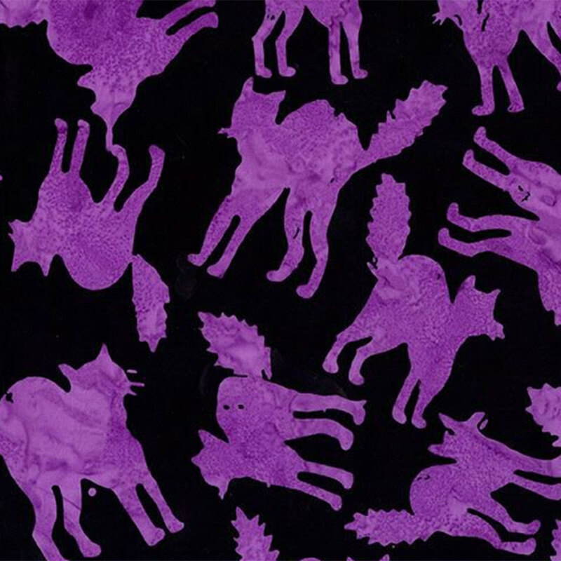 Black fabric with mottled purple spooky cats throughout