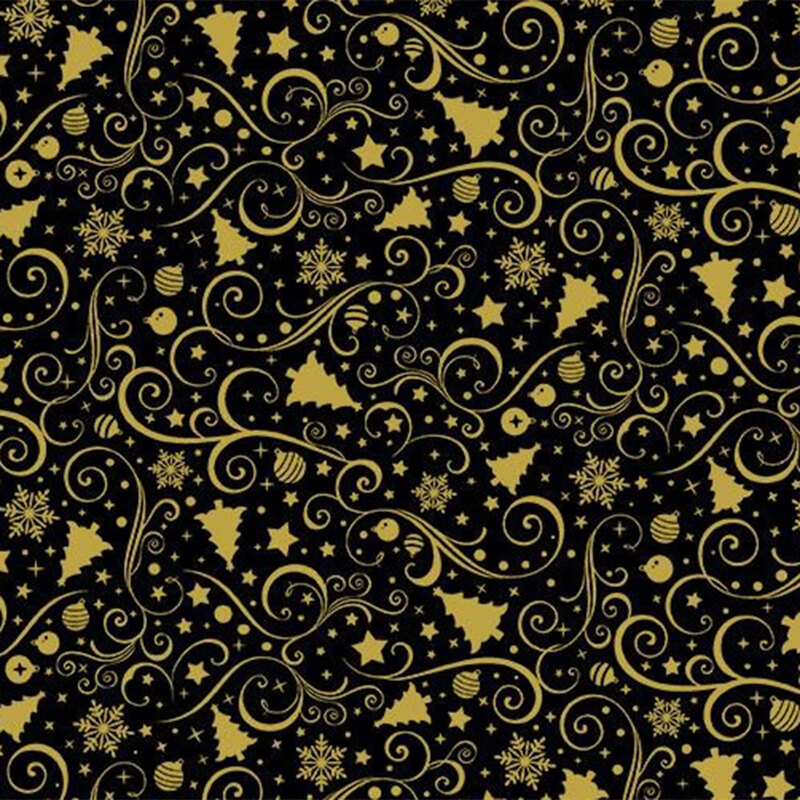 Black background with a swirling pattern of gold Christmas trees, stars, ornaments, and snowflakes.