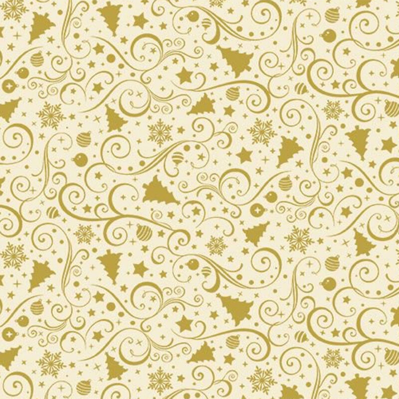 A decorative pattern featuring gold swirls, Christmas trees, ornaments, snowflakes, and stars on a cream background.