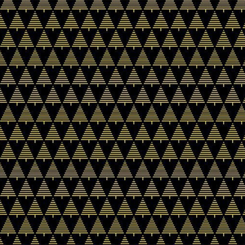 Pattern of gold striped trees on a black background, arranged in a repeating grid.