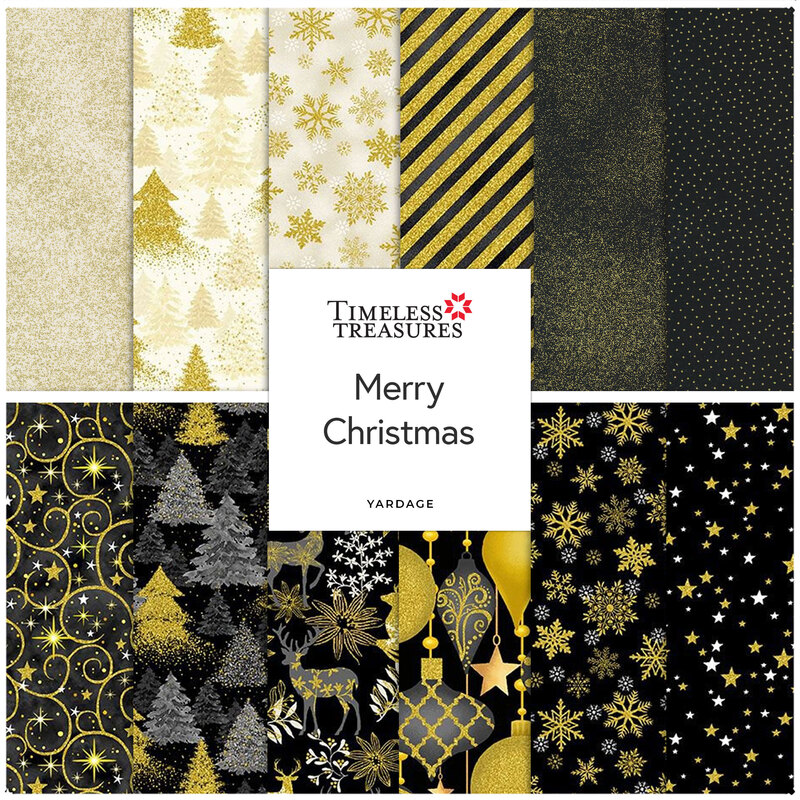 Collage of festive fabrics in gold and black featuring Christmas trees, ornaments, and snowflakes.