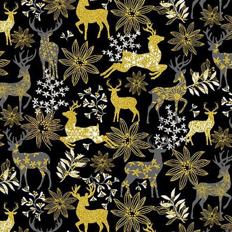 A black patterned fabric featuring gold and gray deer among stylized flowers and foliage.