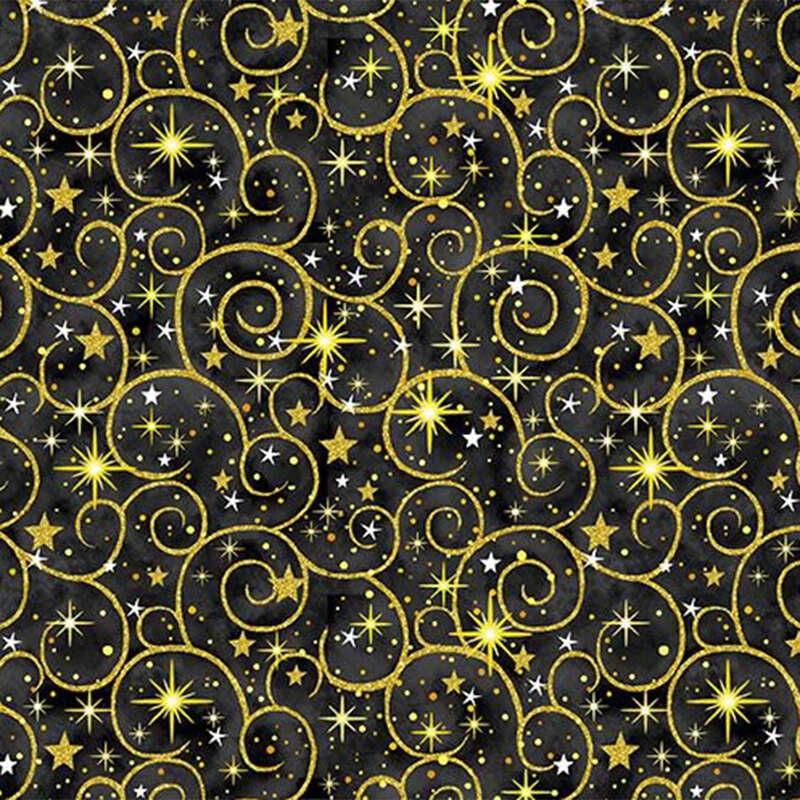 Pattern of golden swirls, stars, and sparkles on a black background, creating a celestial theme.