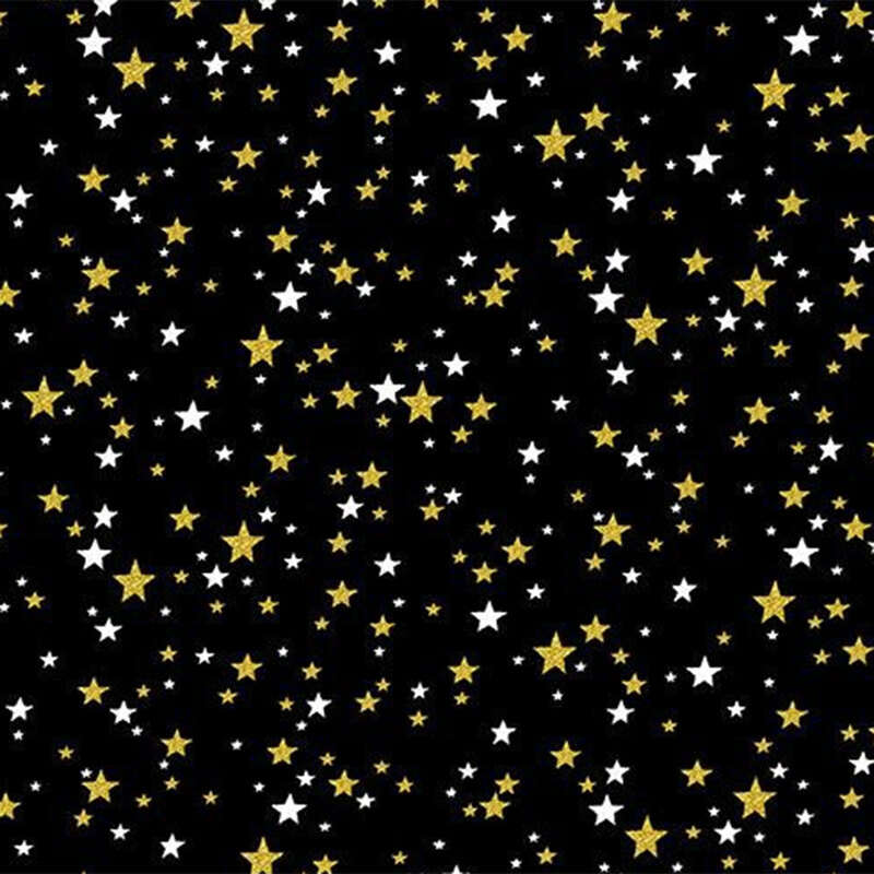 Black fabric filled with scattered white and gold stars of various sizes.