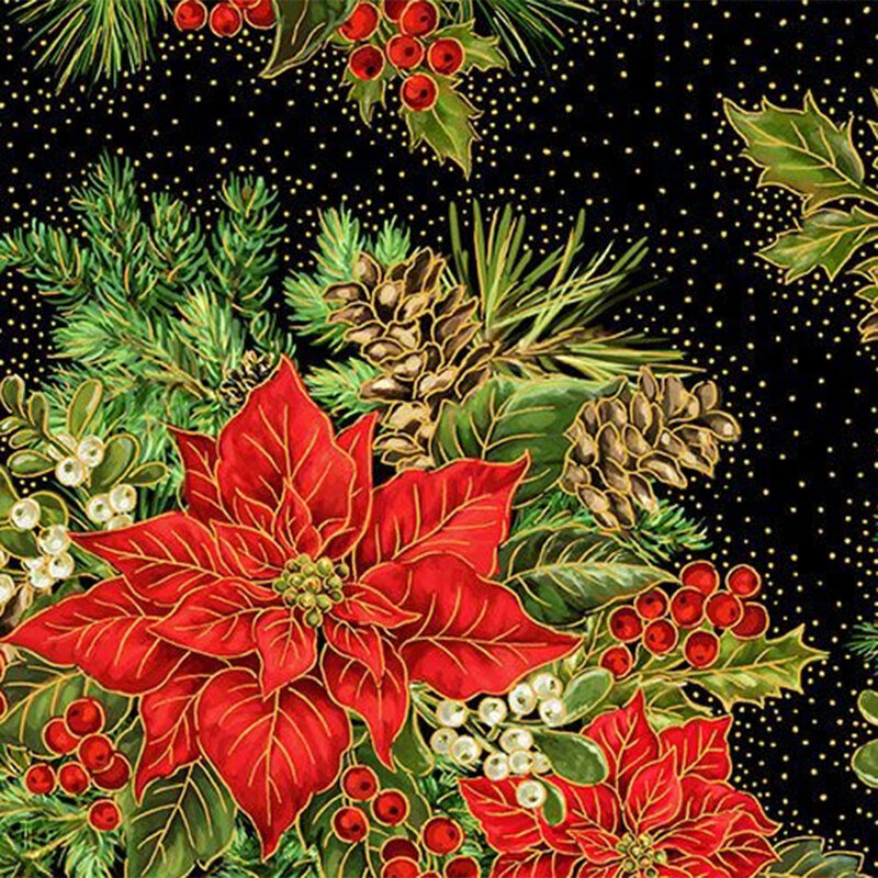 Black fabric with clusters of large red poinsettias and foliage with gold metallic pinprick accents and in the background.