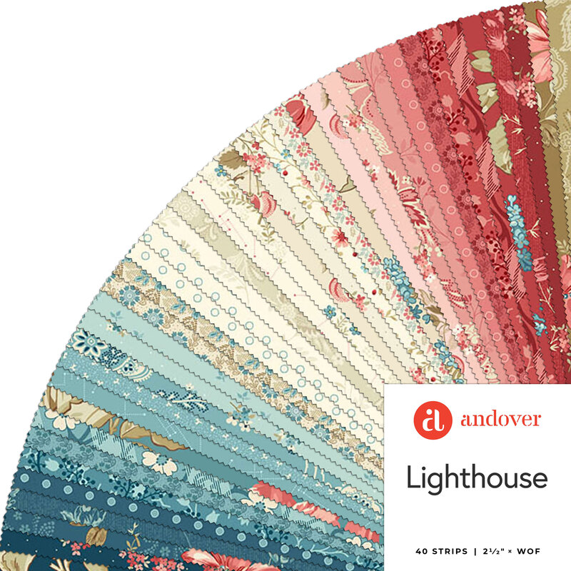 A fanned collage of the red, blue, cream, and gold fabrics included in the Lighthouse 2-1/2