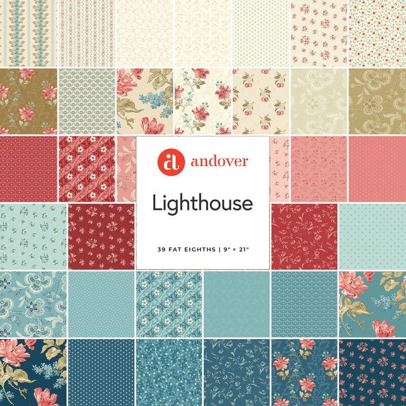 A collage of the red, blue, cream, and gold fabrics included in the Lighthouse fat eighth set.