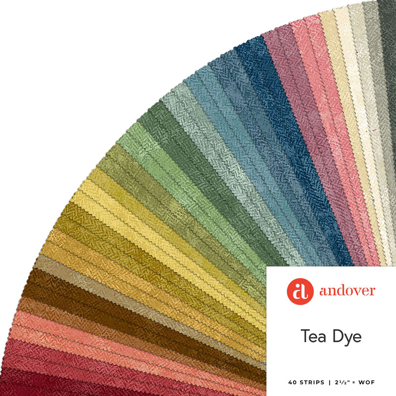 A fanned collage of red, brown, yellow, teal, blue, and pink fabrics with a Tea Dye by Andover Fabrics badge in the bottom right corner