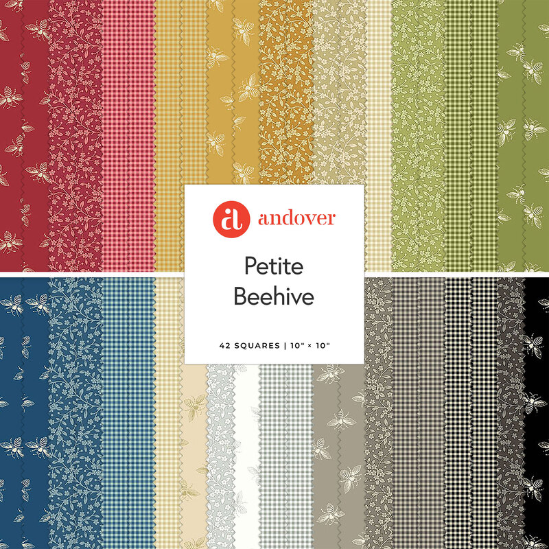 A stacked collage of red, yellow, green, blue, and gray fabrics with an Andover Petite Beehive tag in the center