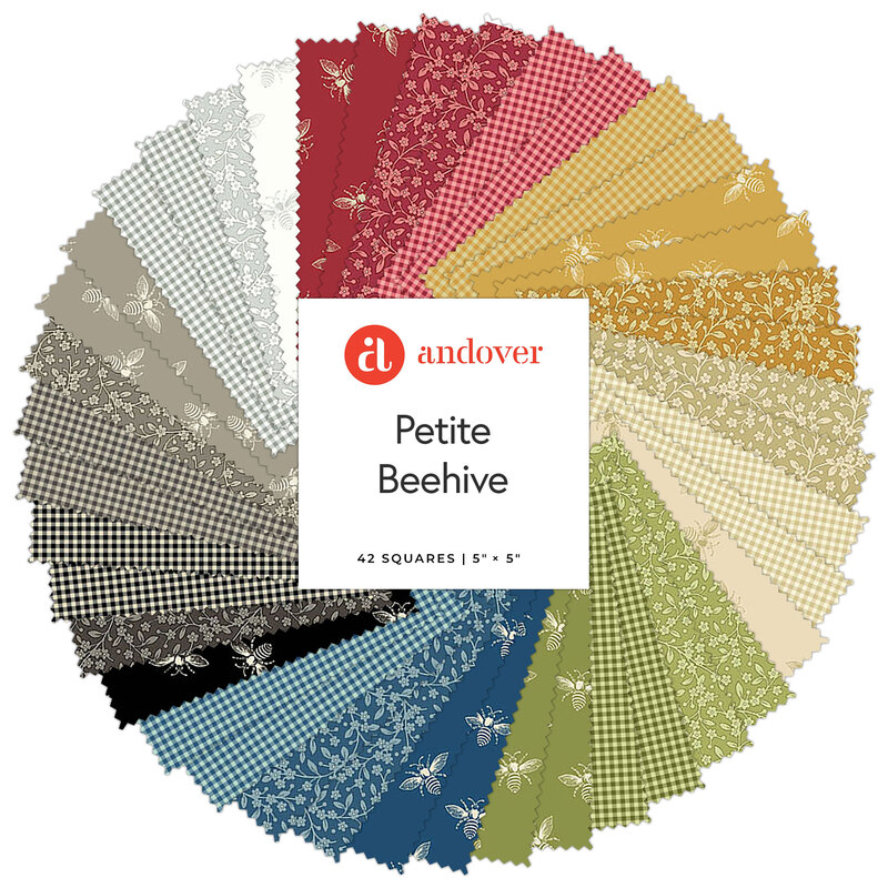 A spiraled collage of red, yellow, green, blue, and gray fabrics with an Andover Petite Beehive tag in the center