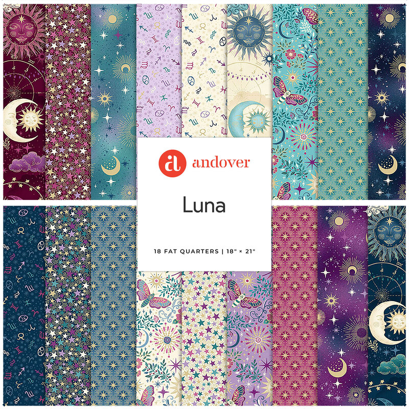 collage of fabrics the the Luna Collection featuring moons, suns, butterflies, night skies, stars, and more