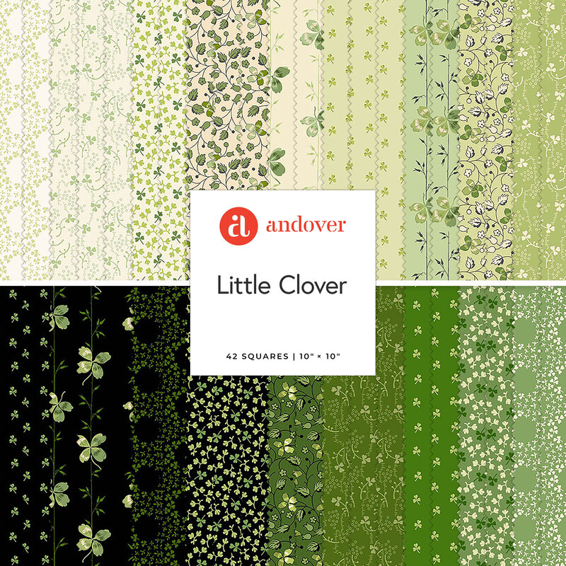 A collage of the black, green, white, and cream fabrics included in the Little Clover 10