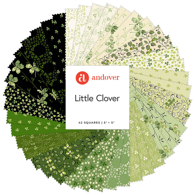 A spiral collage of the black, green, white, and cream fabrics included in the Little Clover 5