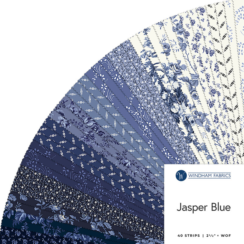 A collage of the blue, indigo, white, and cream fabrics included in the Jasper Blue 2-1/2