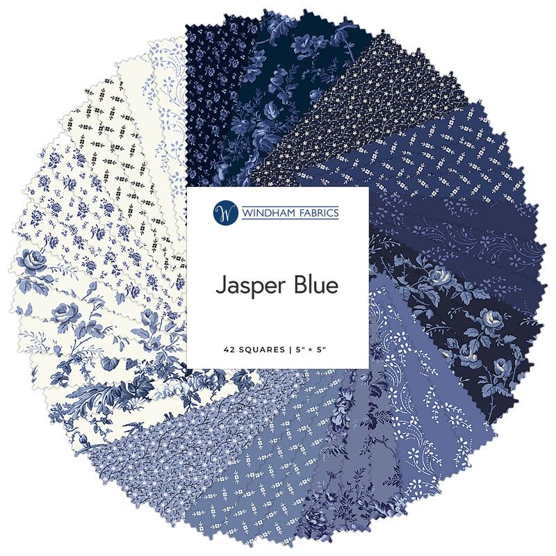 A collage of the blue, indigo, white, and cream fabrics included in the Jasper Blue 5