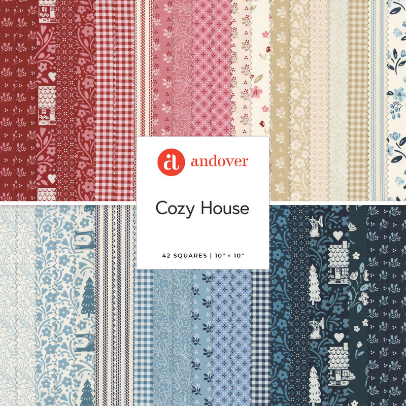 A collage of the red, blue, cream, and light tan fabrics included in the Cozy House 10