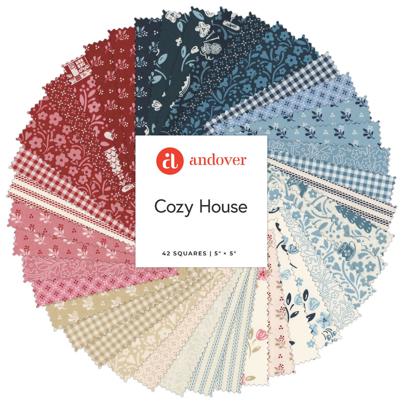 A spiral collage of the red, blue, cream, and light tan fabrics included in the Cozy House 5