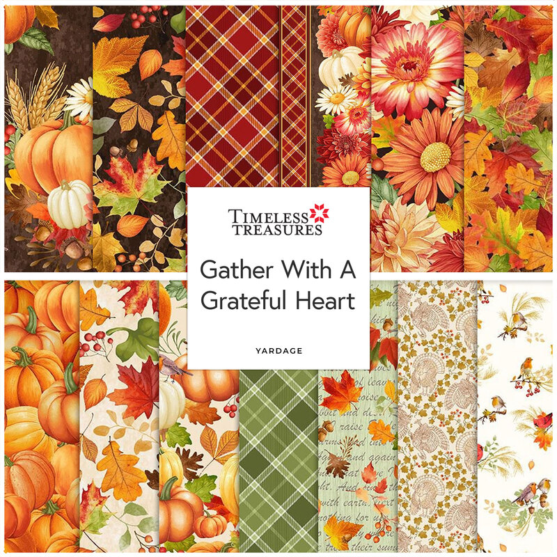 13 fabrics from Gather With A Grateful Heart, a collection of autumn-themed fabrics featuring pumpkins, leaves, and flowers with a central text overlay.