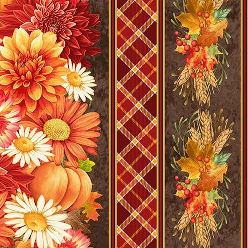 Border stripe print with pumpkins, autumn florals, harvest clusters, and red plaid elements.