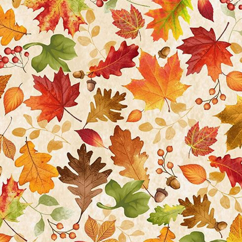 Cream fabric with colorful tossed autumn leaves in red, orange, green, brown, and tonal cream.