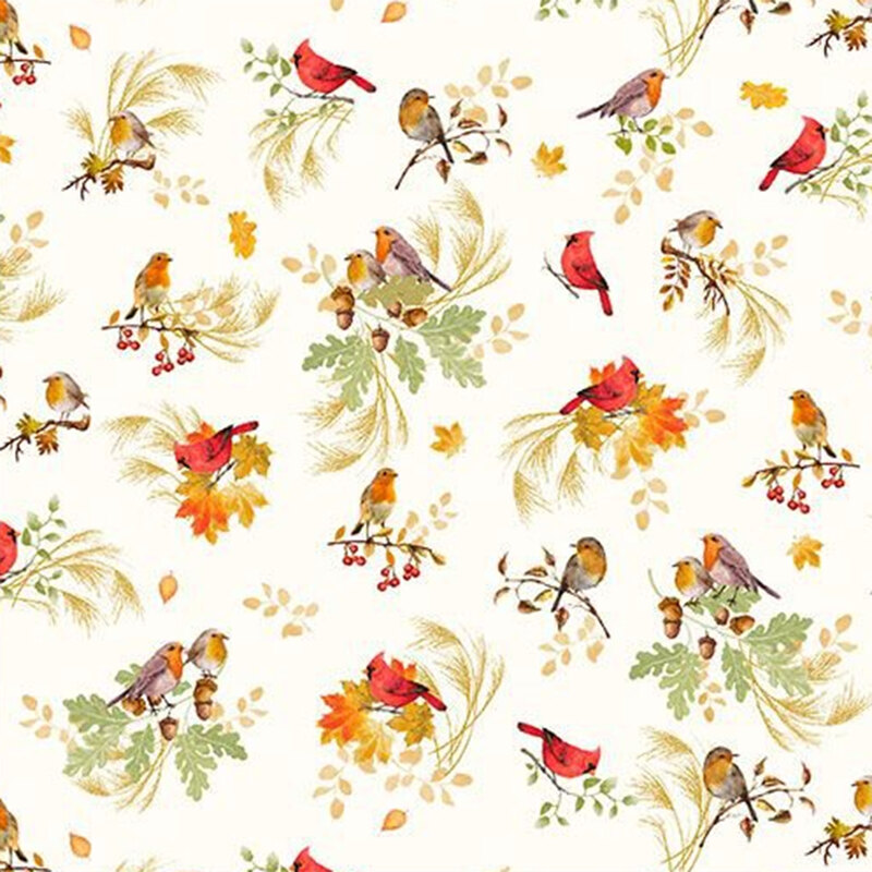 Cream fabric with a pattern of robins and cardinals perched on various branches, leaves, and wheat sprigs.