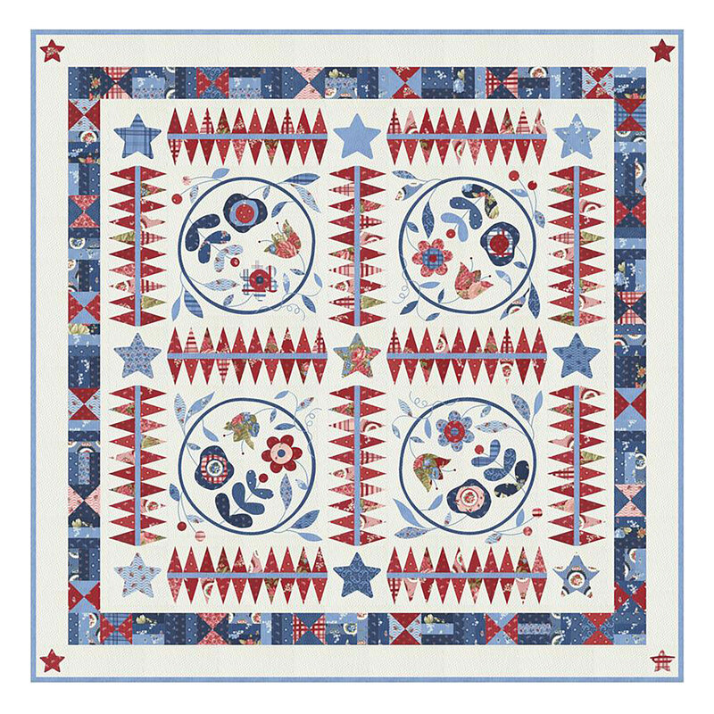 A digital image of a decorative quilt featuring floral designs, stars, and geometric patterns in red, blue, and white.