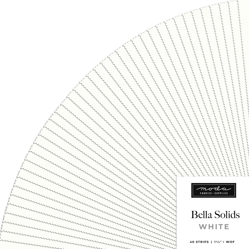 A fan of white fabric strips labeled Bella Solids by Moda.