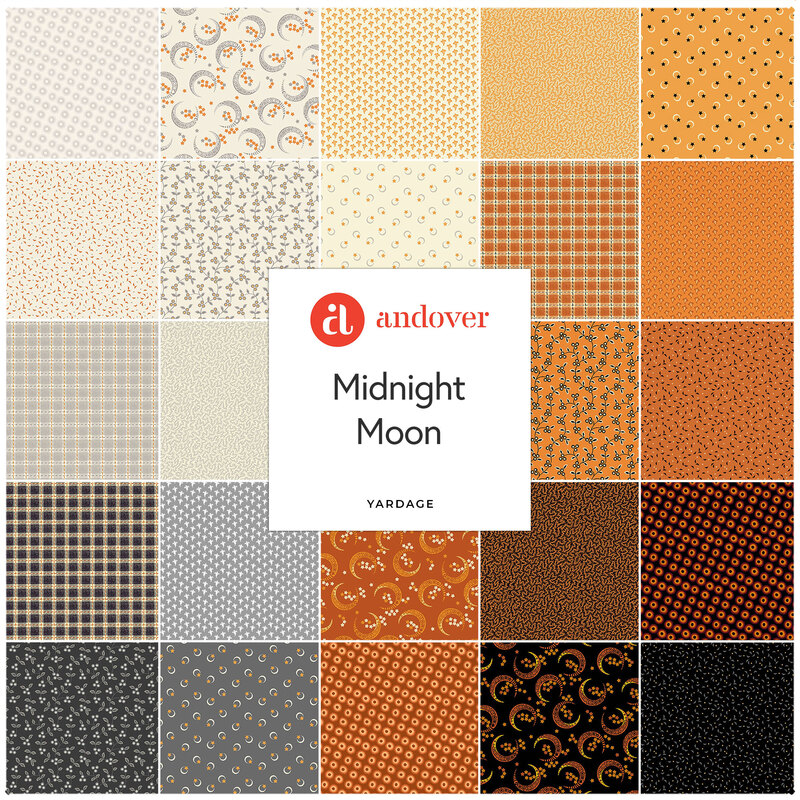 Grid of various fabric patterns in orange, black, and cream, labeled Midnight Moon by Andover.