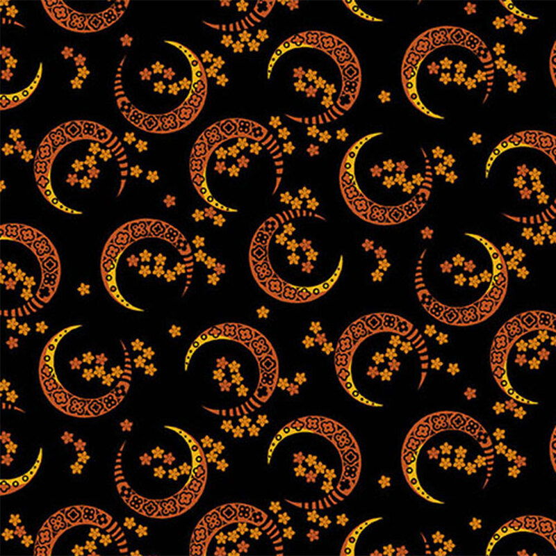 A repeating pattern of crescents and floral designs in orange and gold on a black background.