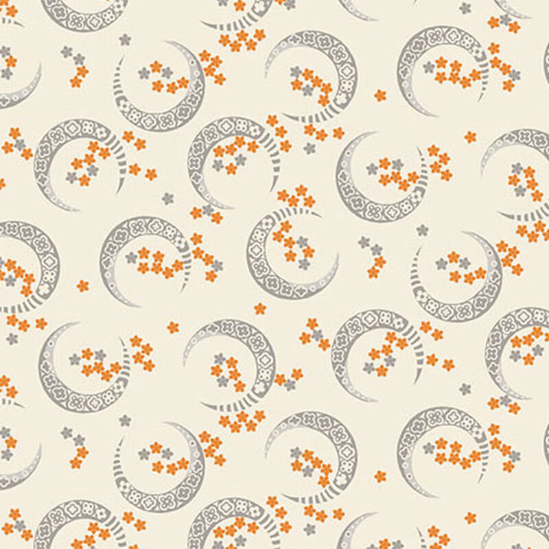 A repeating pattern of crescents and floral designs in gray and orange on a cream background.