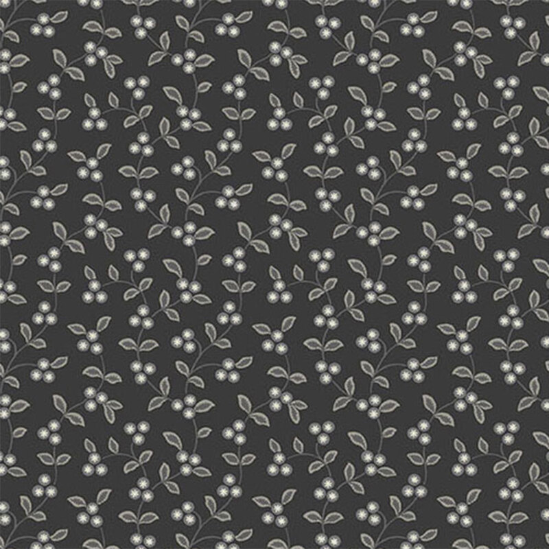 A pattern of berries and vines on a dark gray background