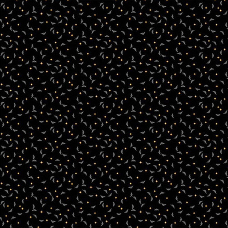 Repeating pattern of small bats on a black background.