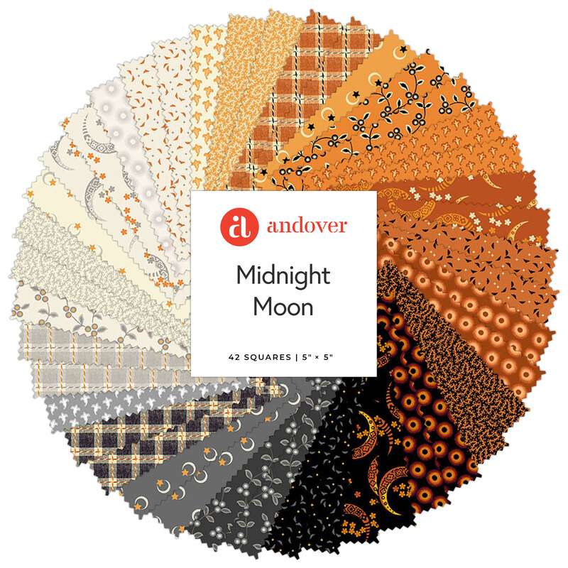 A circular arrangement of 42 fabric squares in orange, gray, and cream featuring various patterns.