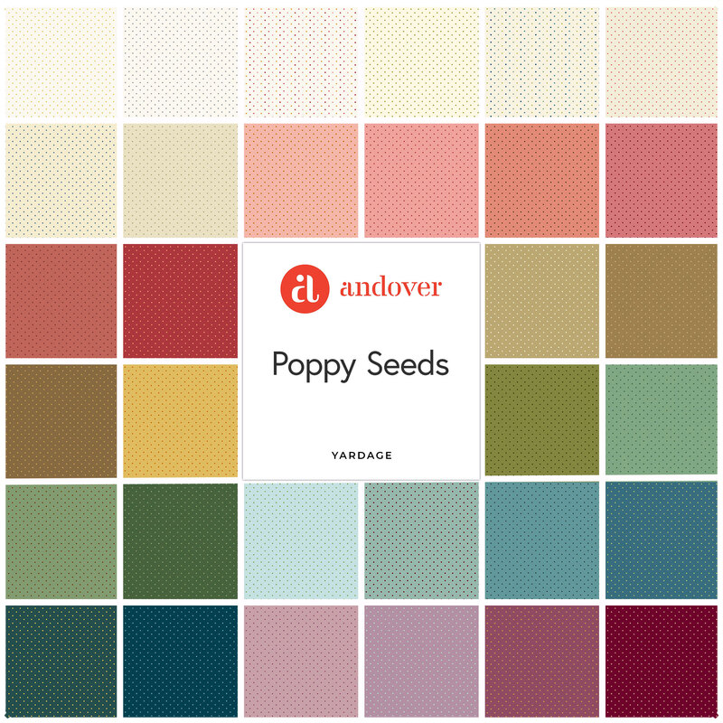 A grid of 36 fabric swatches in various colors and patterns, labeled Poppy Seeds by Andover.